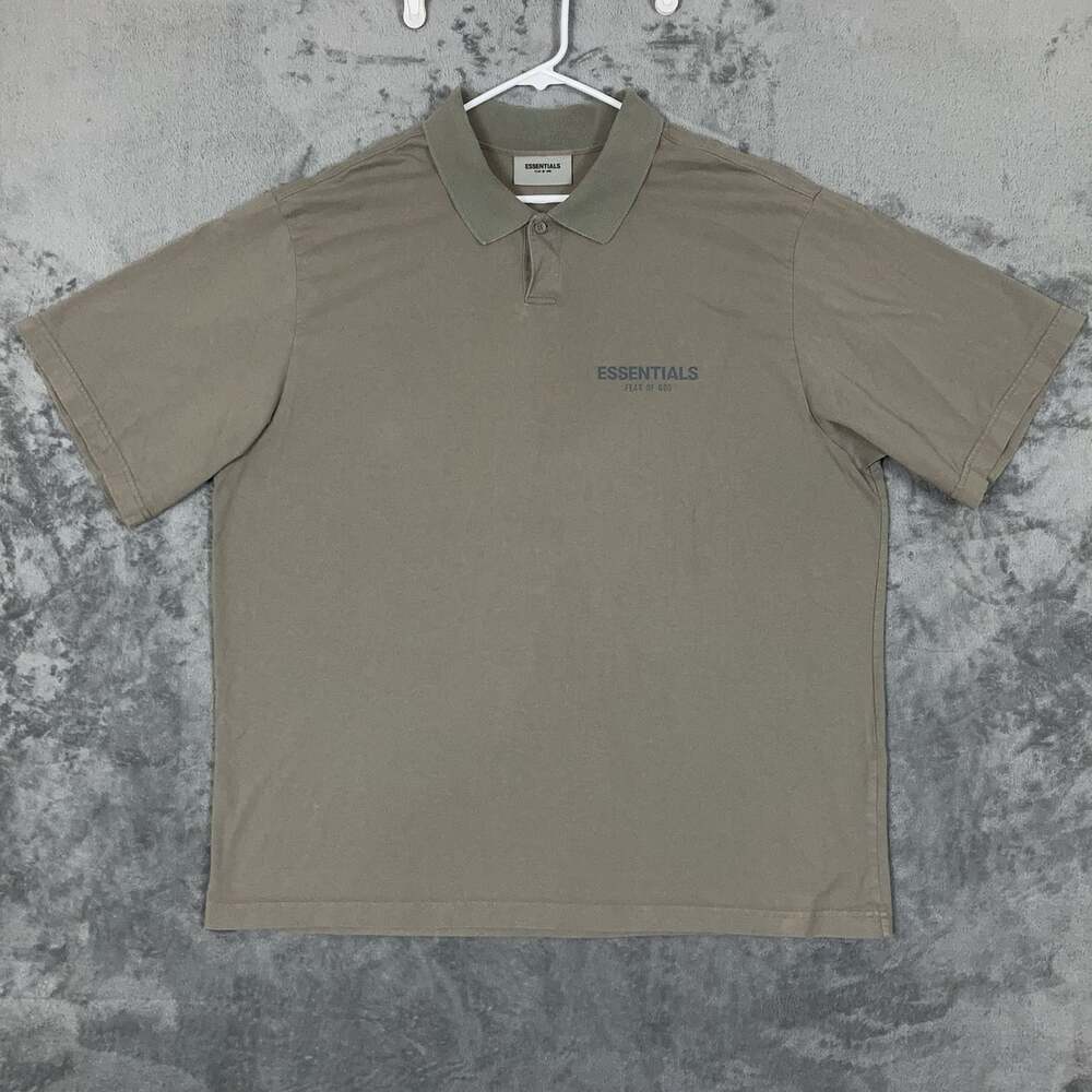 Essentials Fear of God Mens Logo Polo Shirt Taupe Olive Green XL Short Sleeve